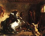 Arabian Horses Fighting in a Stable Eugene Delacroix